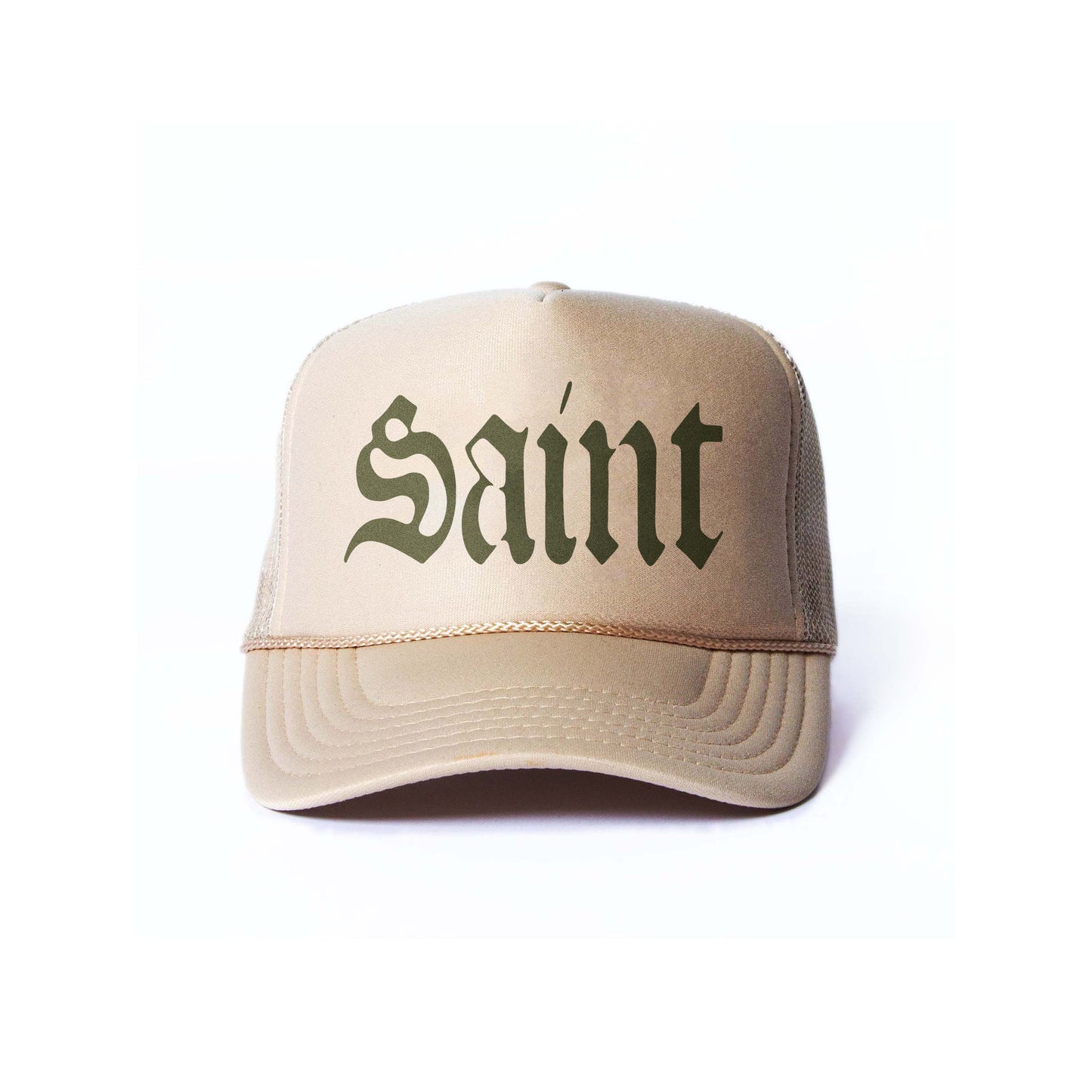 "Saint" Trucker Hat || Beige/Forest Green